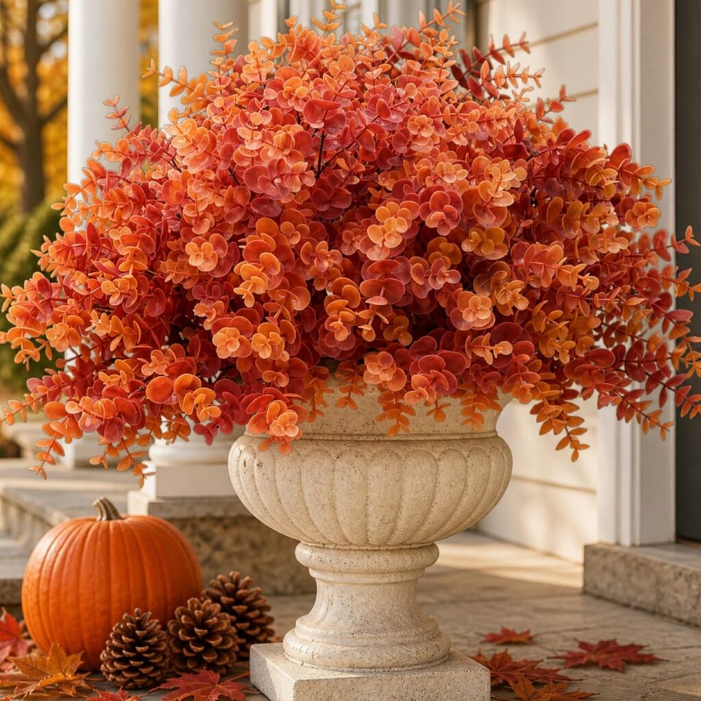 Orange Faux Eucalyptus Greenery — Set of 10 Bundles; styled container not included