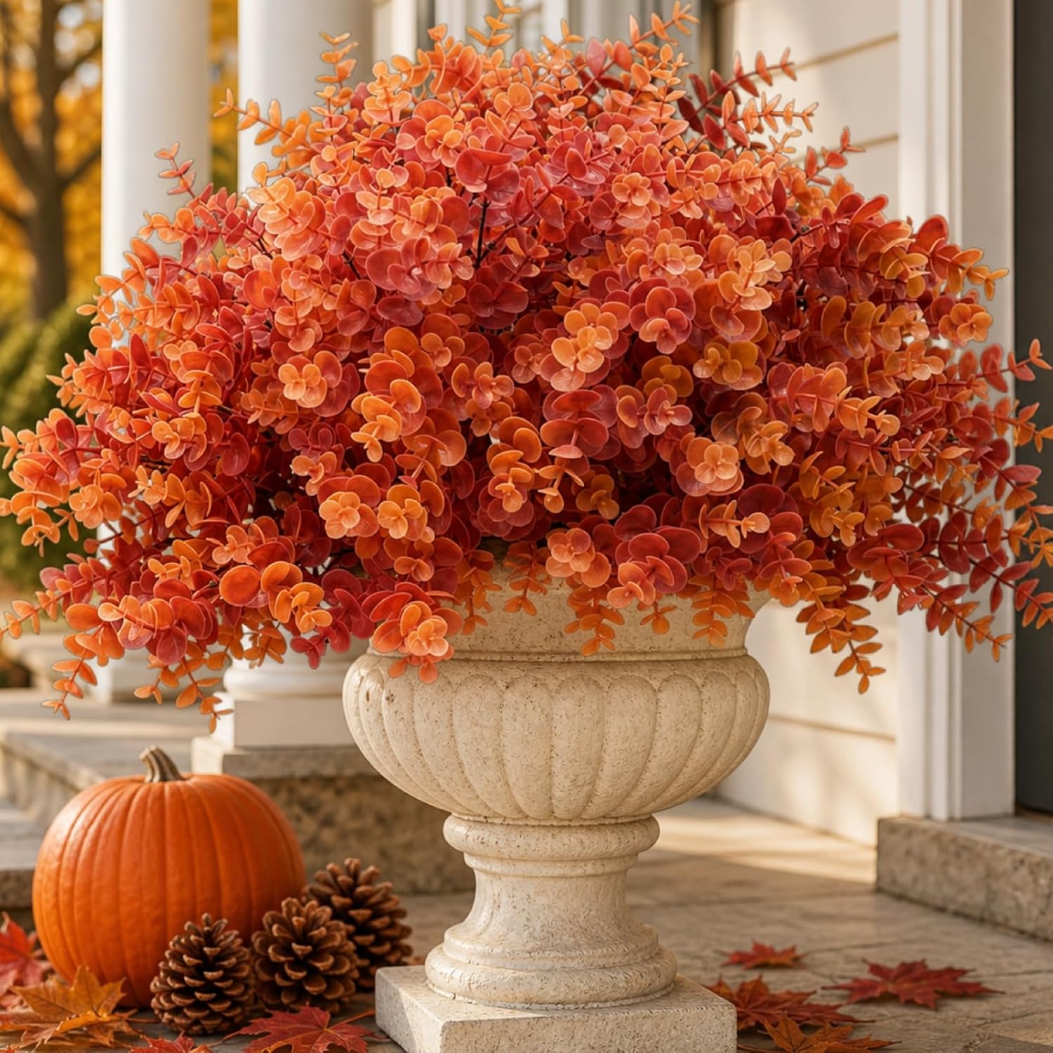 Orange Faux Eucalyptus Greenery — Set of 10 Bundles; styled container not included