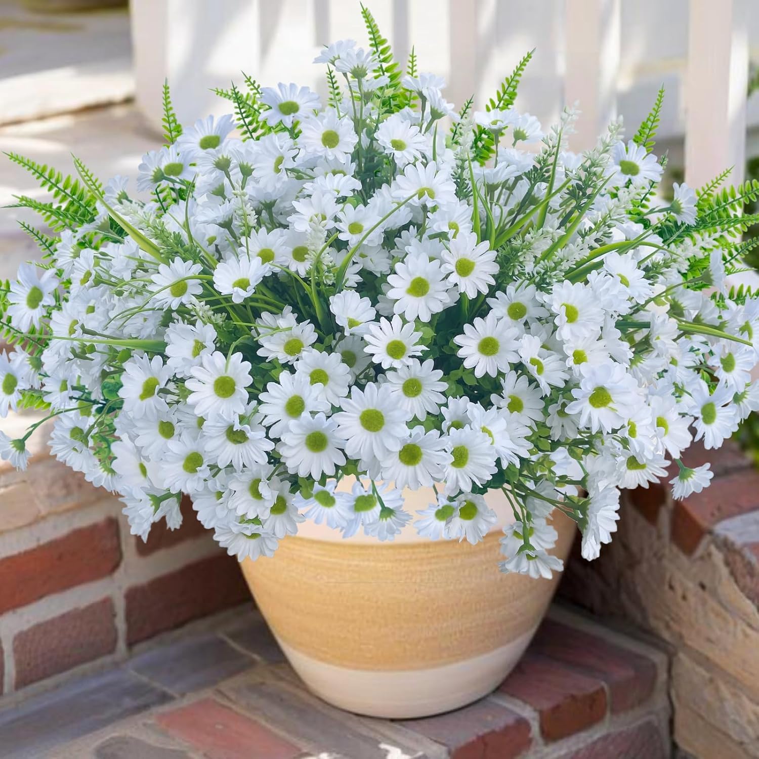 White Faux Mum Flowers — Set of 12 Bundles; styled container not included