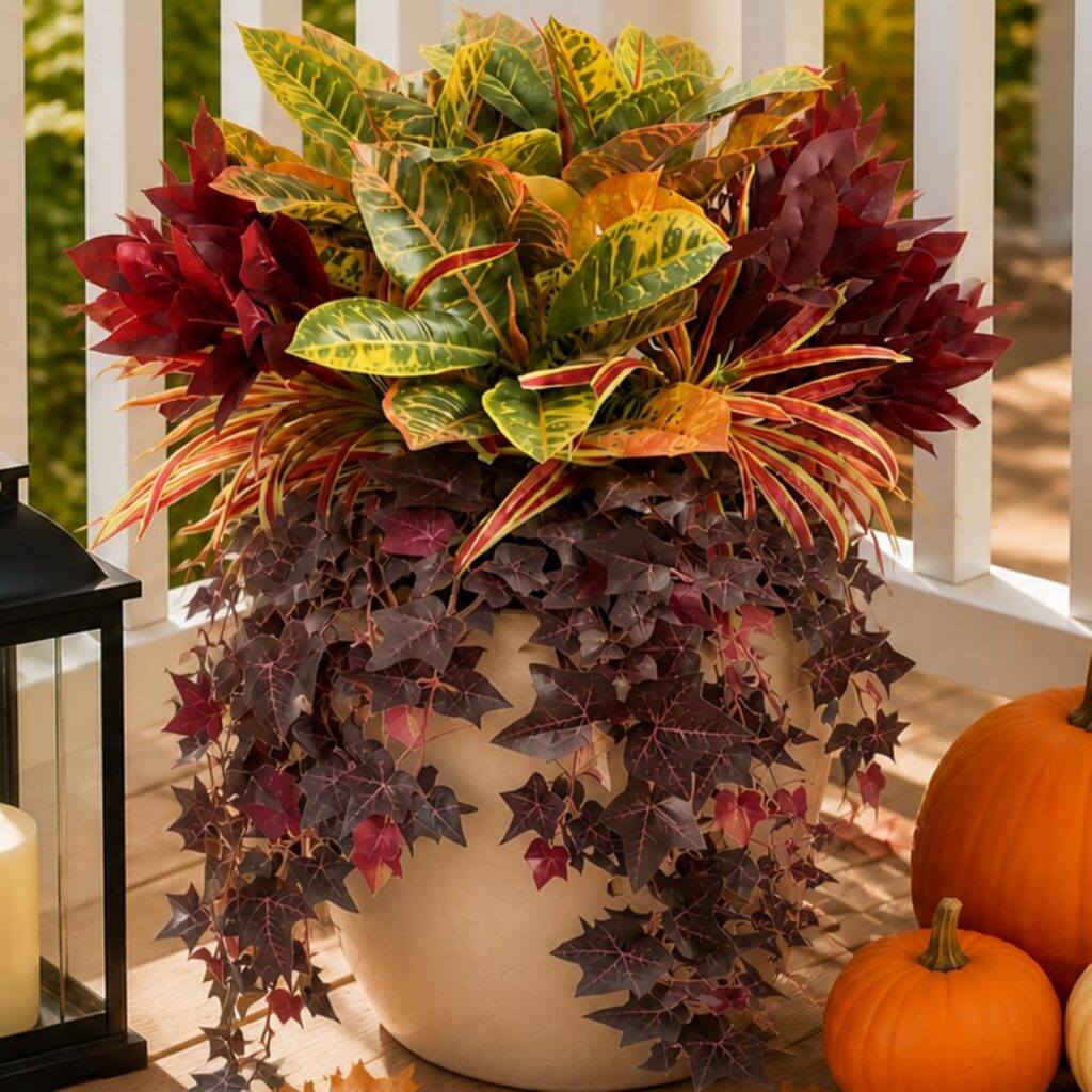 Mixed Fall Faux Croton Greenery — Set of 8 Bundles; styled container not included