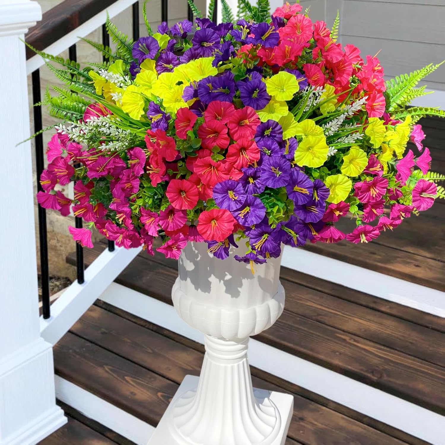 Purple and Yellow Faux Petunia Flowers — Set of 12 Bundles; styled container not included