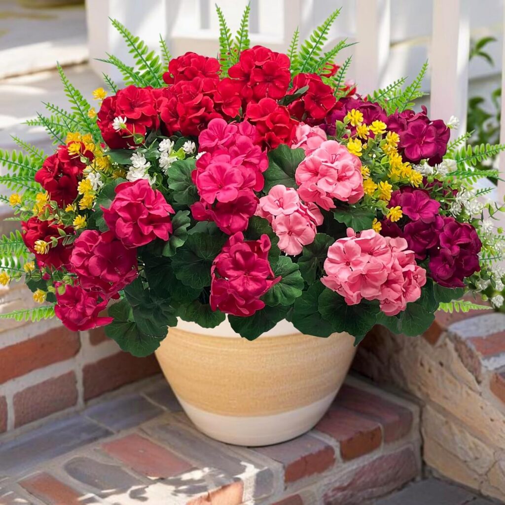 Mixed Faux Geranium Flowers — Set of 12 Bundles; styled container not included