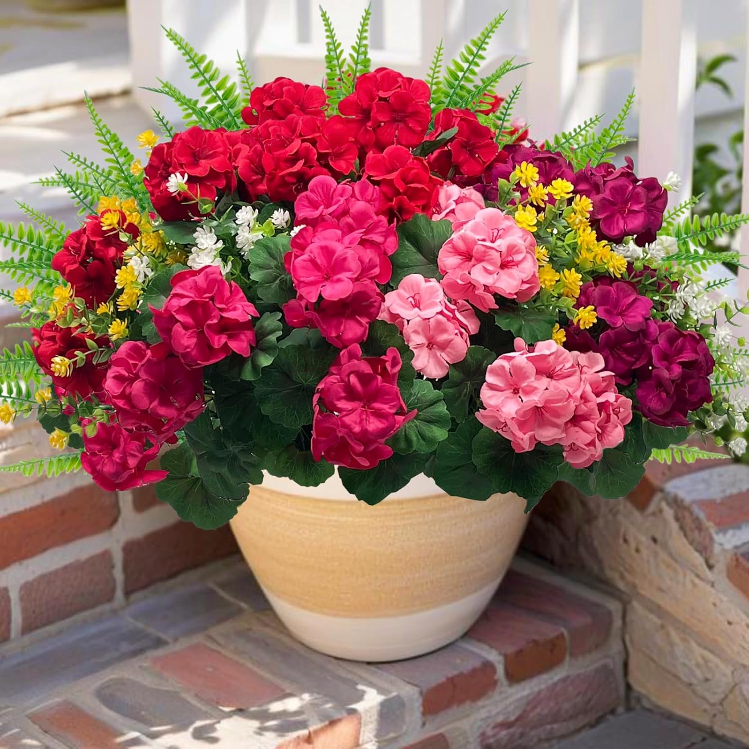 Mixed Faux Geranium Flowers — Set of 12 Bundles; styled container not included